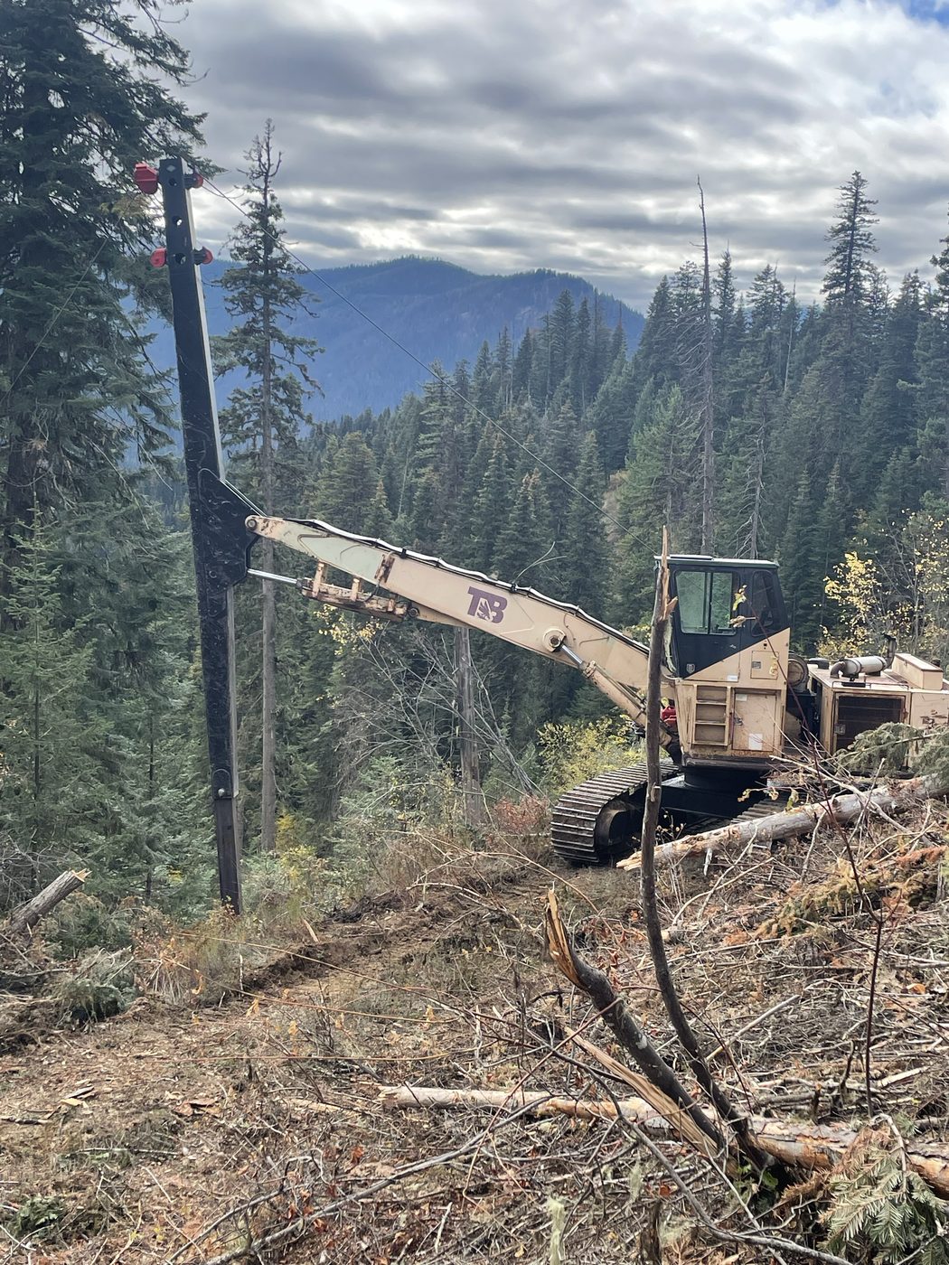 Tracked hydraulic log loader with a fabricated extendable tower boom on a forested site